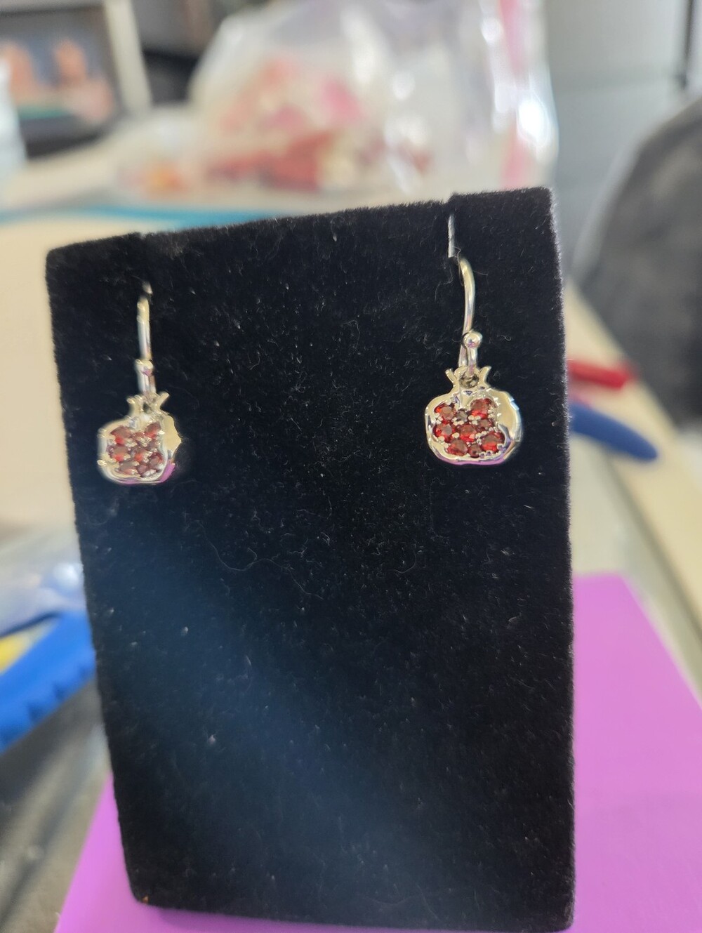 Silver Red Pomegranate Drop Earrings